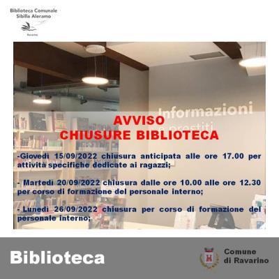 Avviso chiusure Biblioteca Comunale foto 