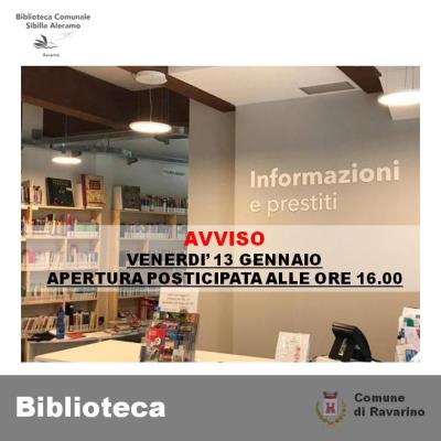 Biblioteca Comunale Sibilla Aleramo. Venerdì 13 gennaio 2023 apertura posticipata alle ore 16.00 foto 
