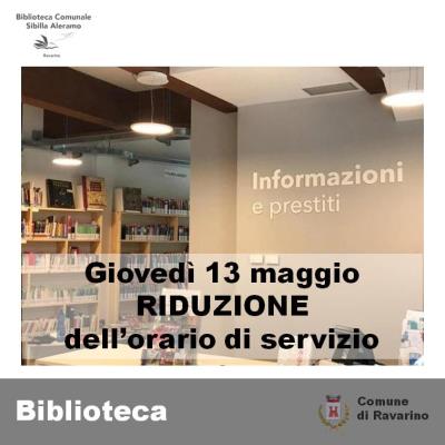 Giovedì 13 maggio, riduzione del servizio della Biblioteca foto 